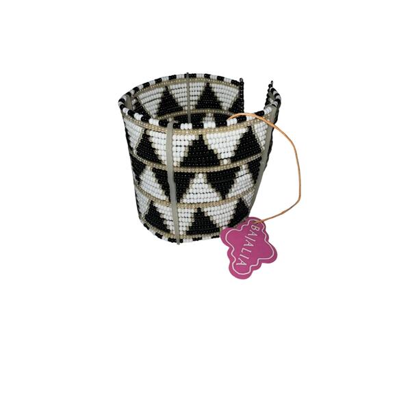 Iris Apfel & Bajalia Beaded Geometric Cuff Bracelet Black White Statement - Picture 2 of 7